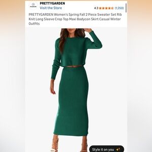 Elegant Green Ribbed Sweater & Knit Skirt